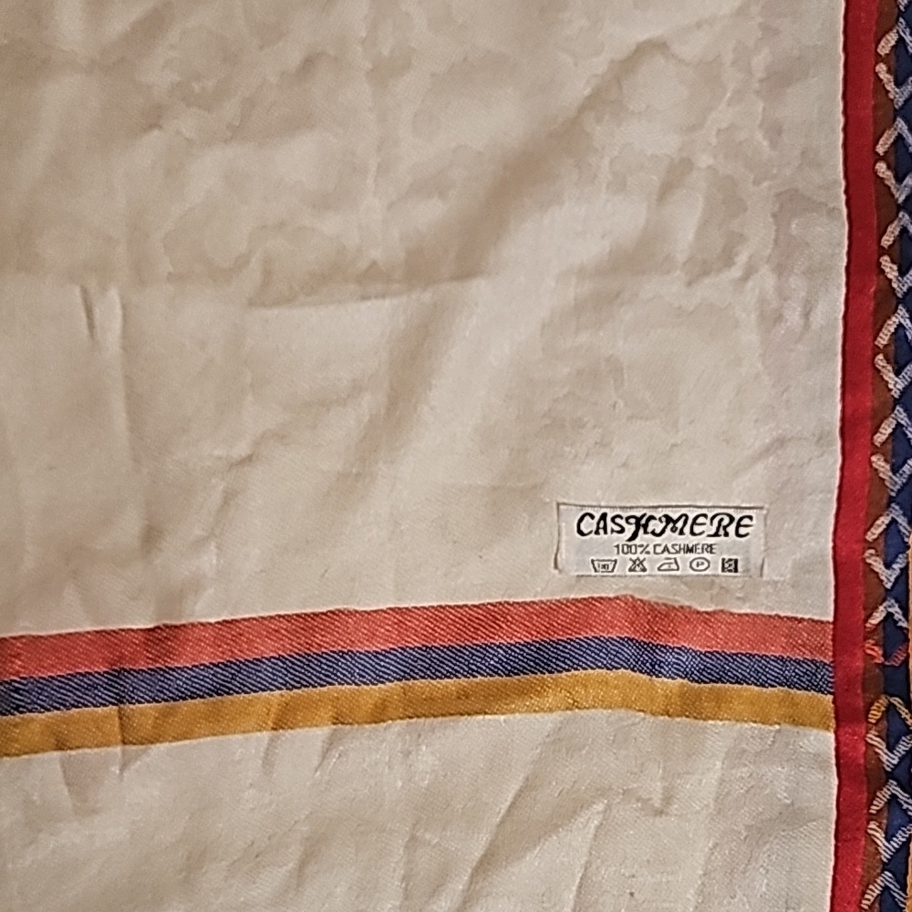 Cashmere Beige Scarf with Red and Blue Accents